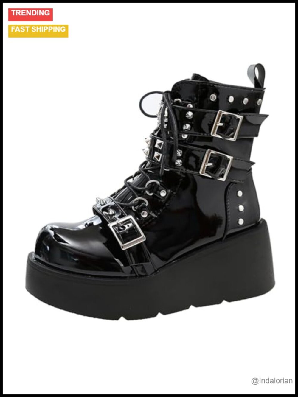 Platform Gothic Ankle Booties with Studded Metal Buckle Lace Up Combat Boots